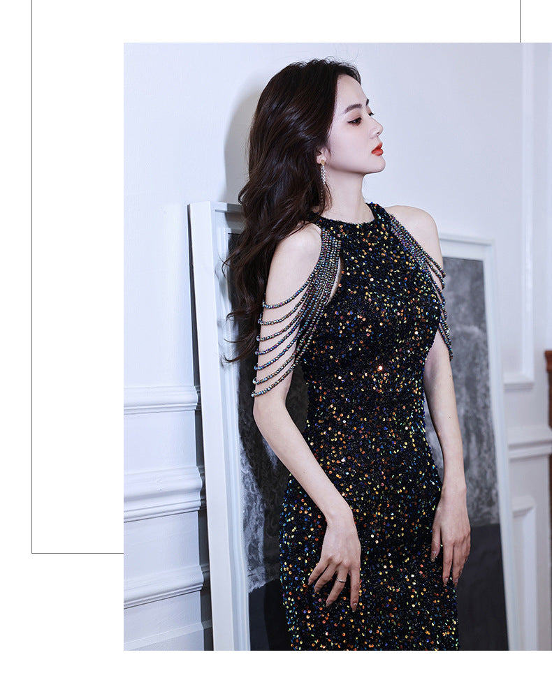 Black Evening Party Dress Sequined New Banquet Short-Length Halter Fishtail Socialite Gathering Temperament Host Jumpsuit Skirt