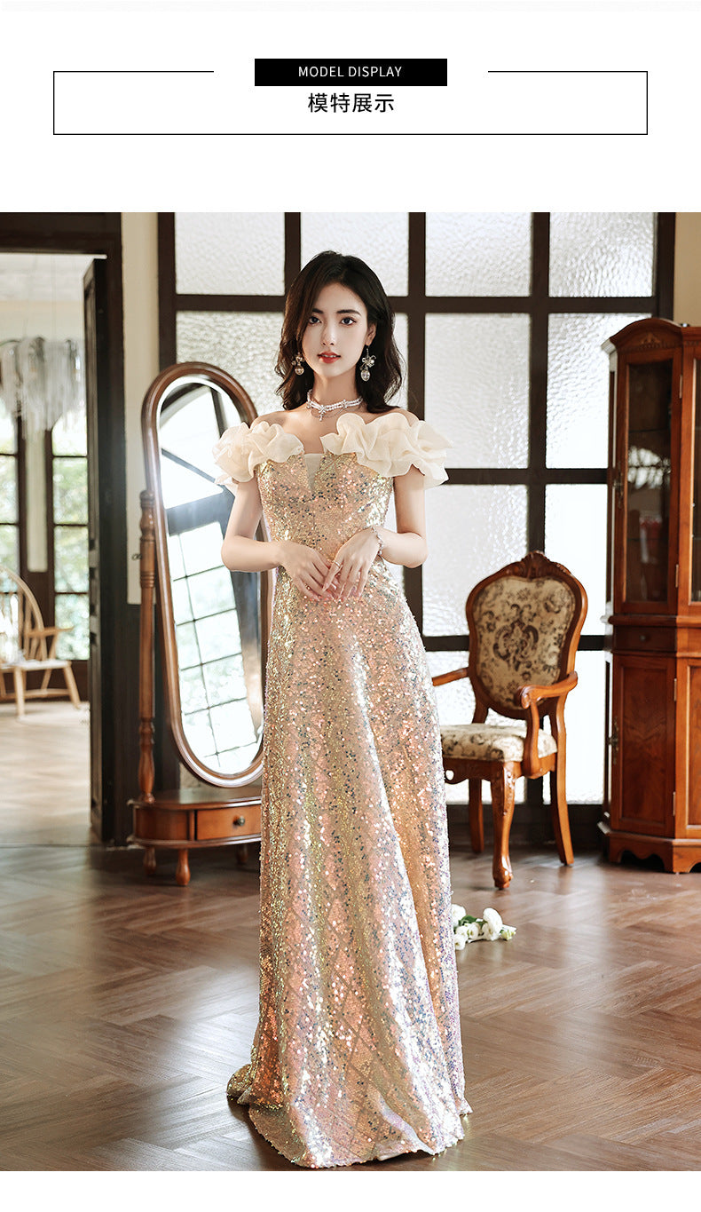 off-Shoulder Sequined Evening Dress for Women 2024 New Host Annual Meeting Bel Canto Solo Vocal Music Art Test Champagne Gold