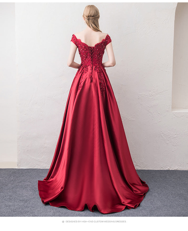 off-Shoulder Wine Red Toast Dress Bride 2024 New Marriage Engagement Wedding Family Visiting Shoes Banquet Evening Dress