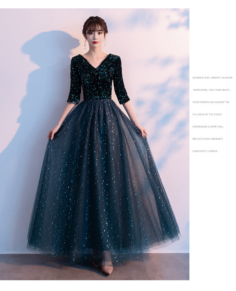 Dark Green Annual Party Evening Dress 2024 Autumn New Fashion Sexy V-neck Banquet Host Long Dress