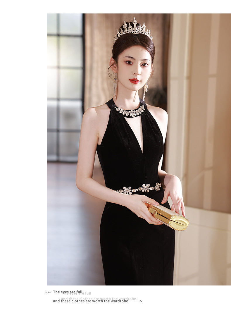 Black Halter V-neck Evening Dress Niche High-End Adult Ceremony Graduation Fishtail High-End Birthday Host Ceremony