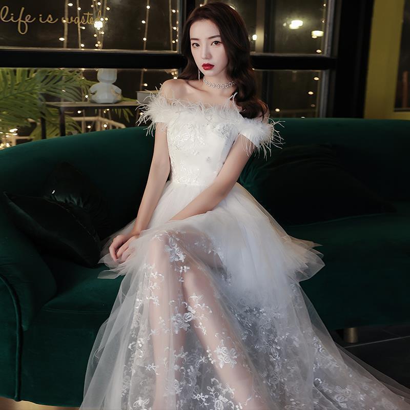 Prom dress White Lace Dresses Party off Shoulder Feather Sequin Short Foreign Minister Birthday Gown H89809