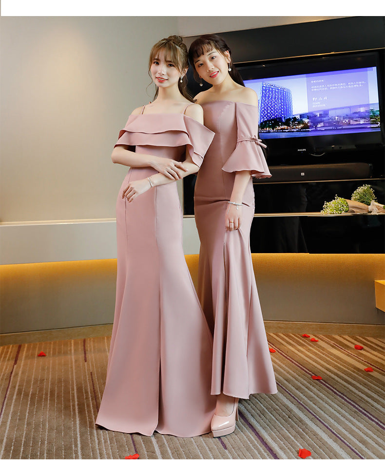 Ladybros' Dress 2023 Summer Autumn New Style off-Shoulder Annual Meeting Pink Figure Flattering Fishtail Dress for the Besties Bridesmaid Dress for Women