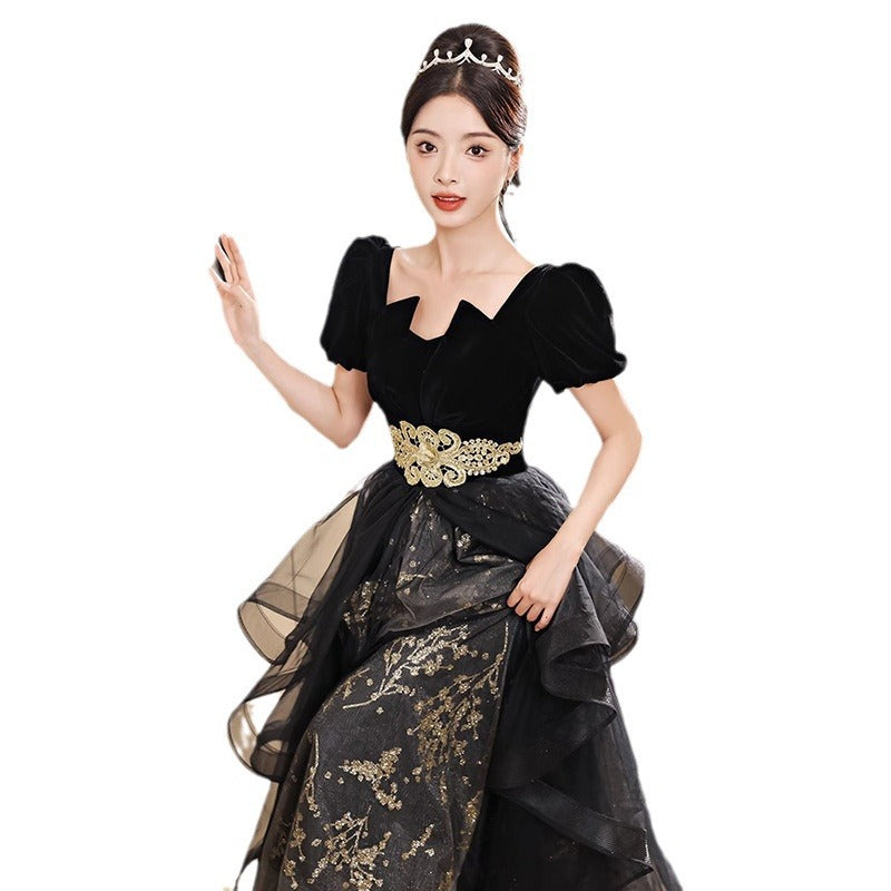 Black Evening Dress Women's High-Grade 2024 Light Luxury Minority High-End New Banquet French Summer Host Art Exam Dress