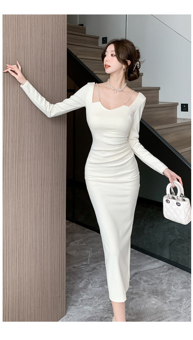 Chic French Style Chain Square Collar Dress Women's Elegant Bodycon Sheath Dress Niche Split Evening Dress Isn