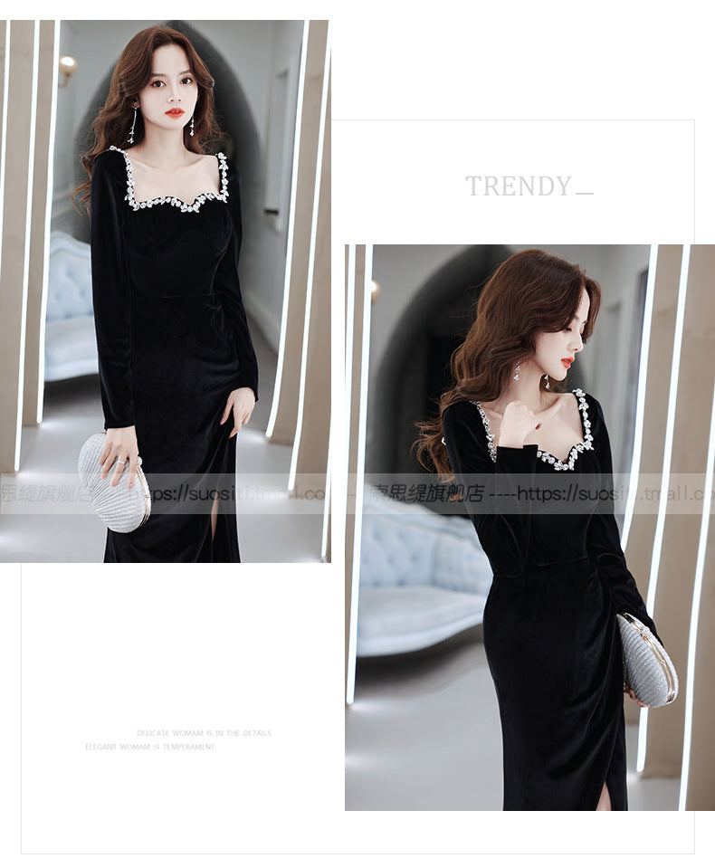 Black Evening Dress 2024 New Banquet Temperament Long Slim Fishtail Split Velvet Socialite Host's Dress