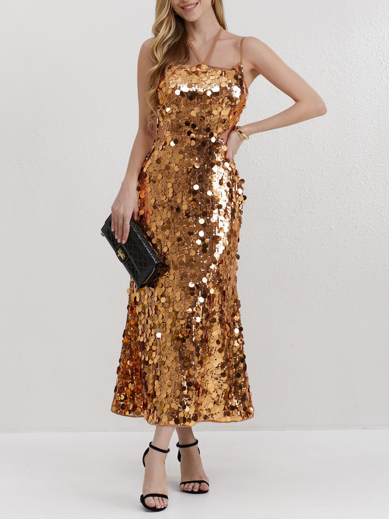 2023 Cross-Border Foreign Trade Spring/Summer New Fashion Sexy Internet Celebrity Gold Big Sequin Sequin Sling Dress Women