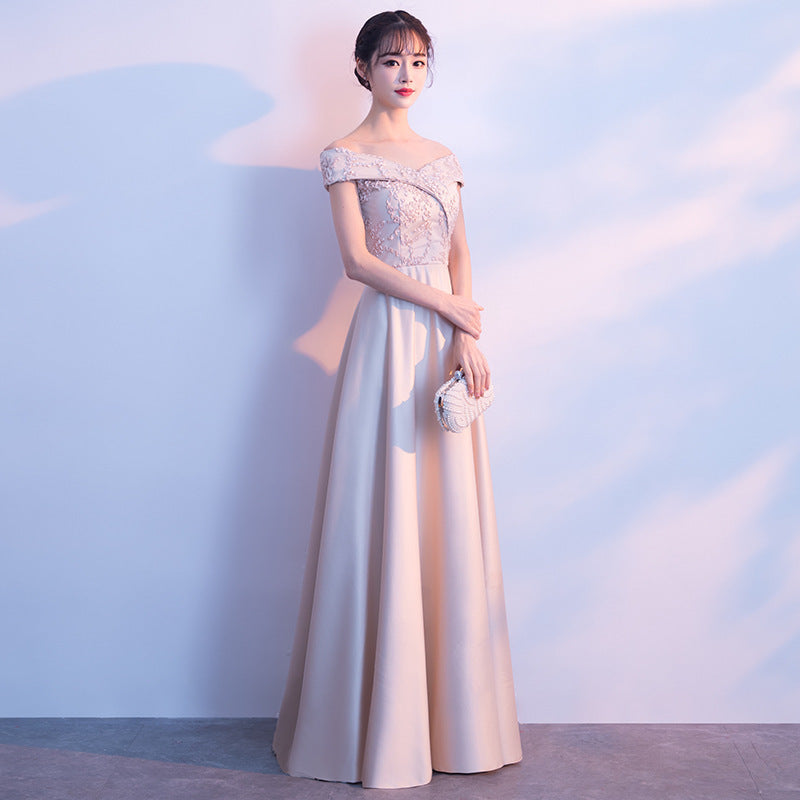 Banquet Evening Dress 2024 Autumn New Korean Style Elegant off-Shoulder Long Slimming Bridesmaid Dress for Women