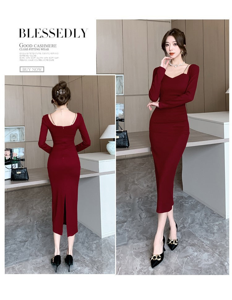 Chic French Style Chain Square Collar Dress Women's Elegant Bodycon Sheath Dress Niche Split Evening Dress Isn