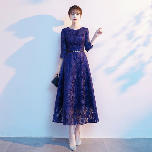 Blue Lace Evening Dress for Women Temperament Banquet High-End Wedding Mom Wedding Reception Clothes Dress Daily Style Long Sleeve