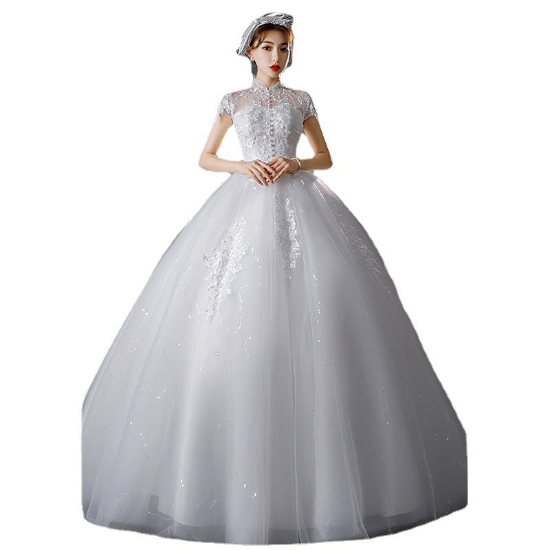 French Light Wedding Dress 2024 New Princess Style Floor-Length Graceful Stand Collar Female Bride Wedding Dress Super Fairy Mori Style Summer