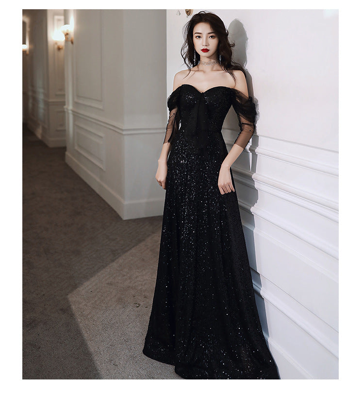 Black Evening Dress Host French Style 2024 New Women's Banquet Temperament Daily Style Slimming Queen Dress