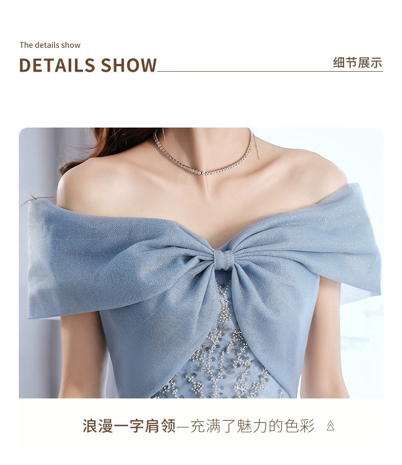 off-Shoulder Blue Evening Dress for Women Banquet Temperament French Entry Lux Niche High-End Host Art Exam Chorus Clothing