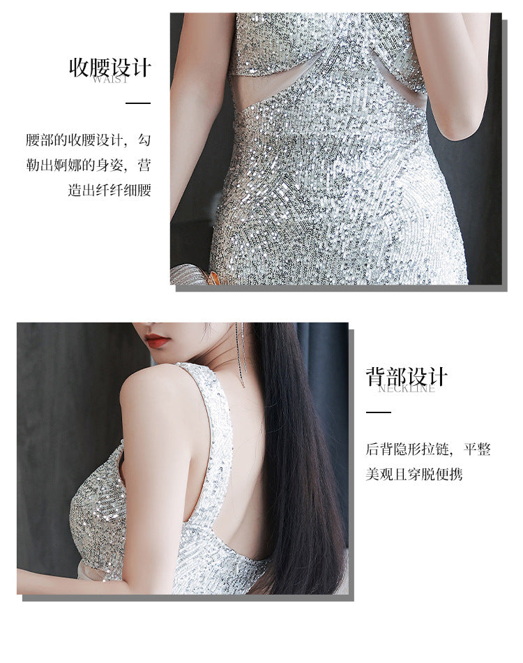 Silver Suspender Evening Dress Bridesmaid Dress Toast Dress V-neck Slimming Dress Banquet Sheath Dress Long Dress