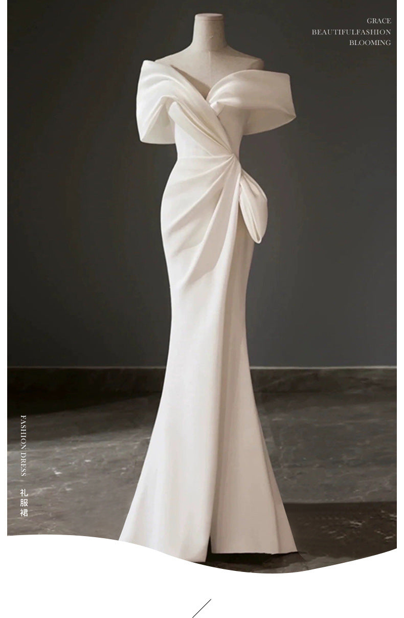 off-Shoulder White French Suit 2024 New Winter Light Luxury Minority High-End Engagement Fishtail High-End Evening Dress