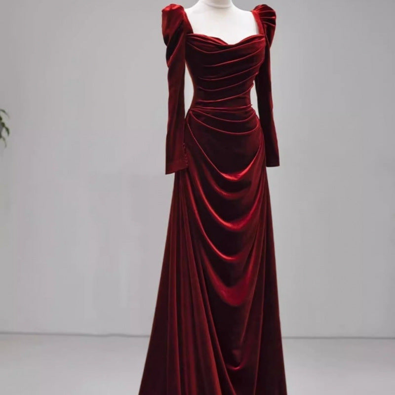 High-Grade Velvet Toast Dress Wine Red Long Sleeve Bride Engagement Dress Banquet Host Dress Annual Meeting Dress
