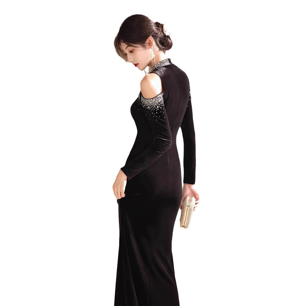 Factory in Stock Wholesale New Elegant and Beautiful off-Shoulder Long Sleeve Banquet Host Black Mermaid Evening Dress for Women