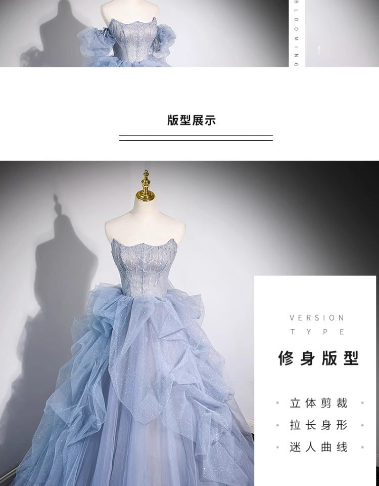 off-Shoulder Evening Dress Haze Blue Piano Performance Adult Ceremony Wedding Dress Bel Canto Solo Blue Gauze Skirt Art Test H2839