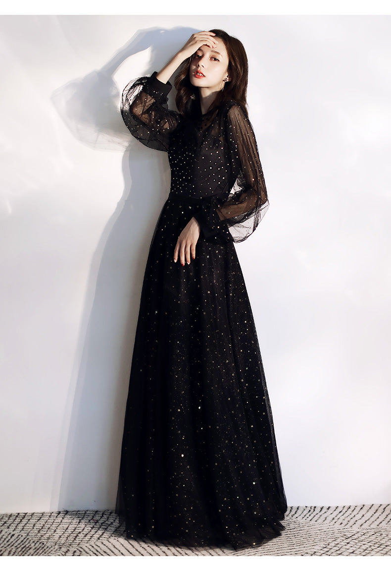 Long Sleeve Evening Dress 2024 New High-End Elegant Elegant Banquet Noble Temperament Long Black plus Size Slimming