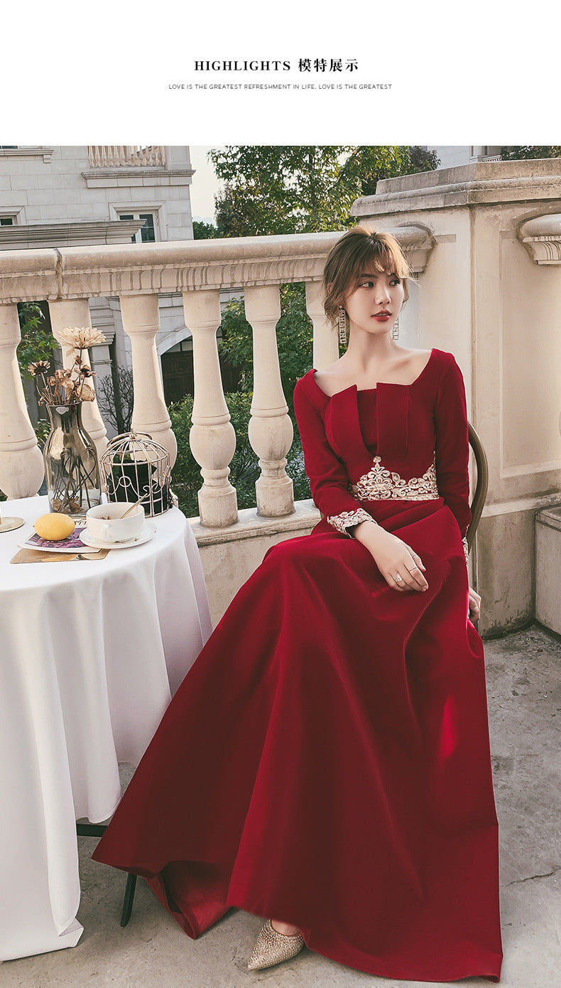 Toast Dress Bride 2024 New Autumn Velvet Long-Sleeved Red Back-to-Door Dinner Dress Marriage Engagement Toast