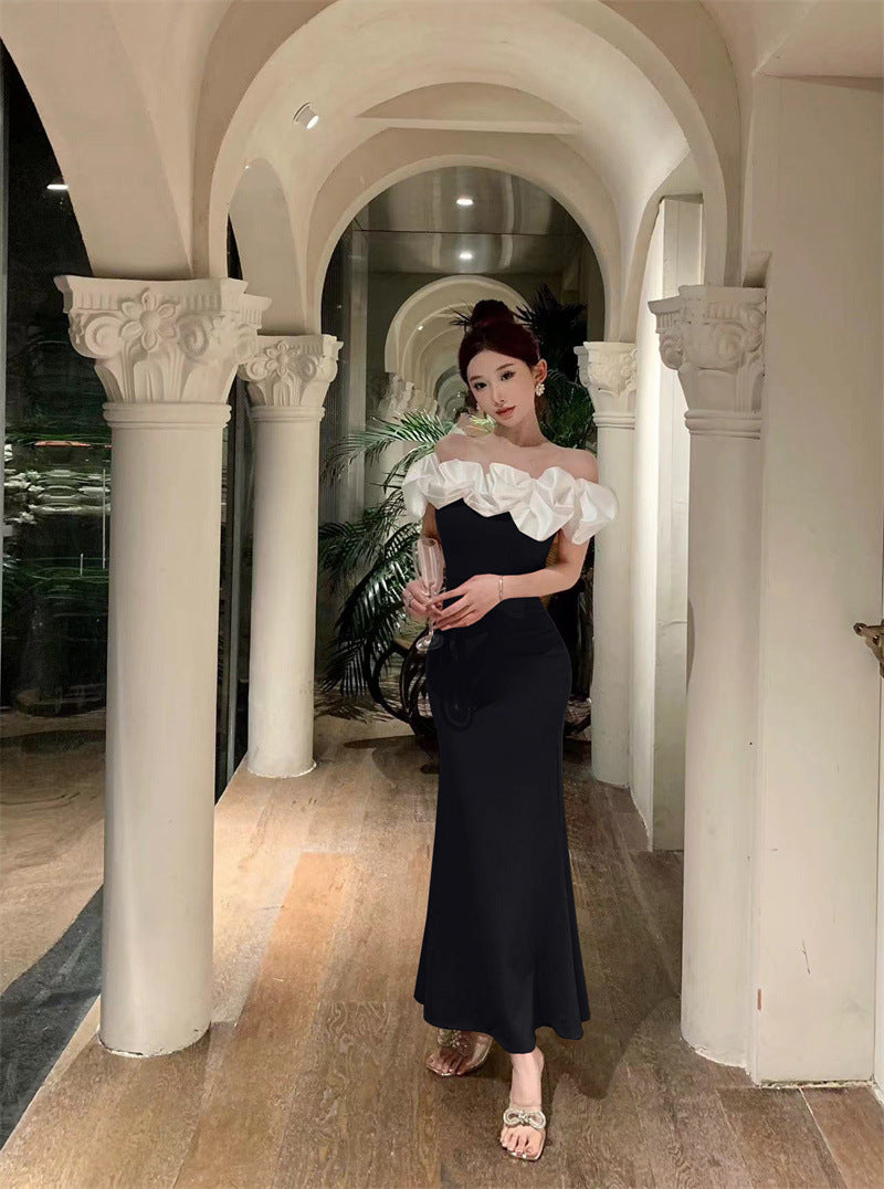 2883 Cross-Border Foreign Trade Women's Clothing Wholesale Southeast Asia off-Shoulder Contrast Color Evening Dress Temperament Slimming Fishtail Dress