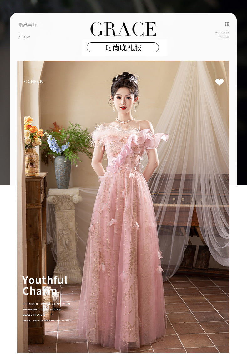 off-Shoulder Evening Dress Female Banquet Temperament Socialite High-End Affordable Luxury Niche Host Engagement High-Grade Pink