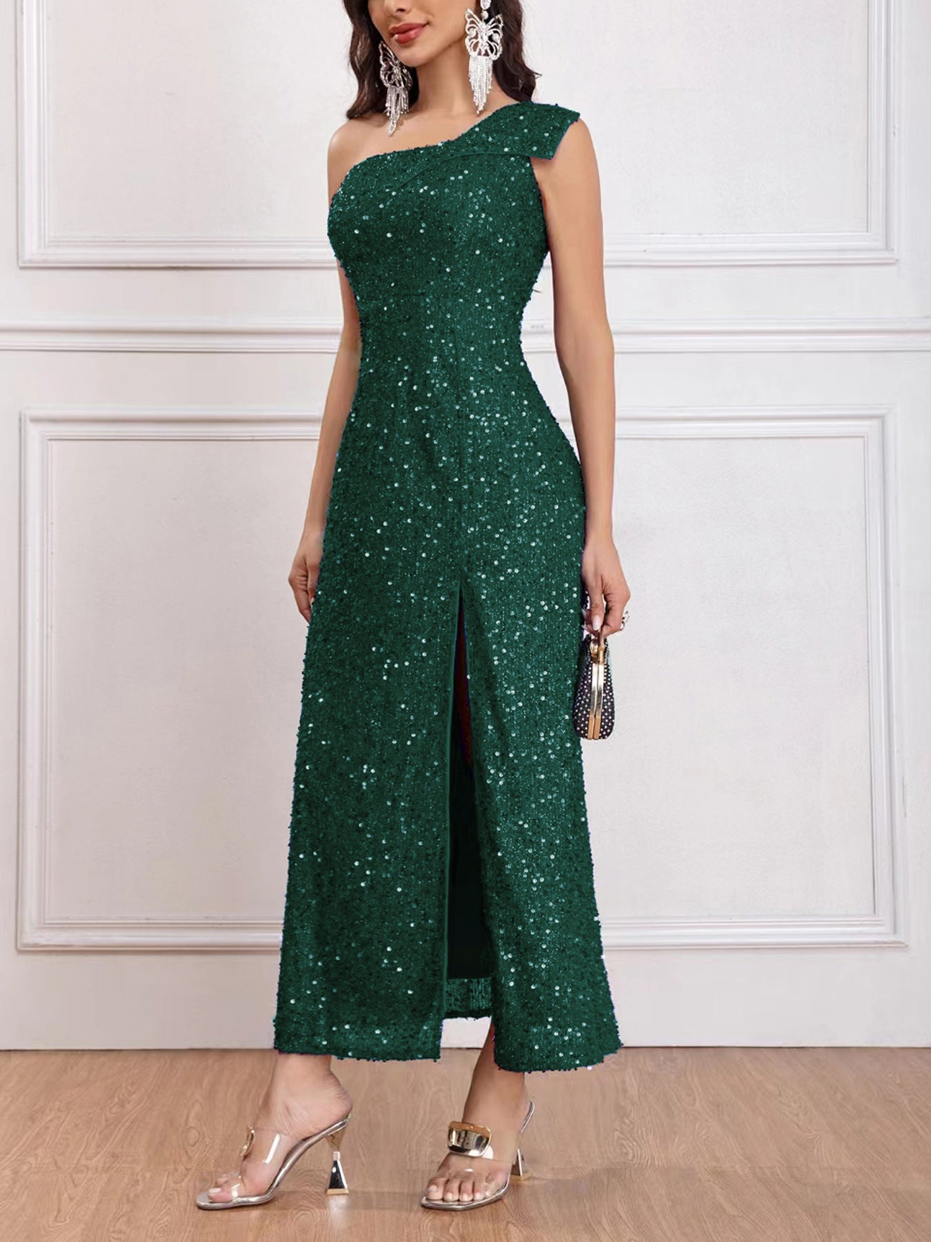 European and American Style New Women's Clothing 2024 Spring Fashionable Sequins Shoulder Sleeveless Split Dress Solid Color Foreign Trade Wholesale
