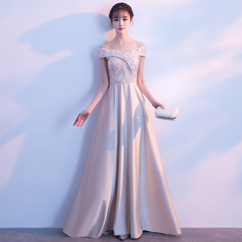 Banquet Evening Dress 2024 Autumn New Korean Style Elegant off-Shoulder Long Slimming Bridesmaid Dress for Women