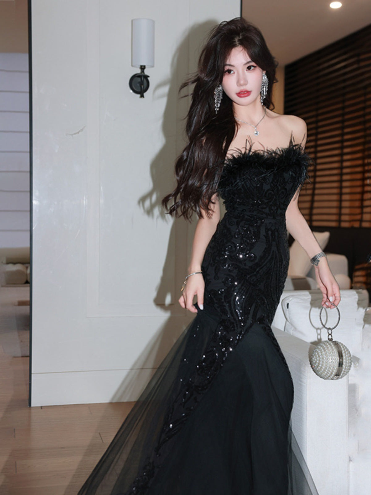 New Tube Top Evening Dress for Women Black Paillette Fishtail Gauze Dress Heavy Industry Dress Host Banquet Art Exam Dress Winter