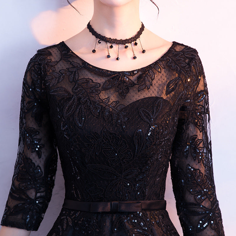 Prom dresses gala lace long sleeve Banquet Evening Dress Women's Black Long H8293