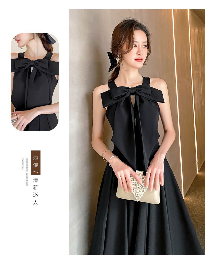 Amazon Sling Dress Female 2024 Spring and Summer New French Style Temperament Base Ride Slimming Retro Black Dress