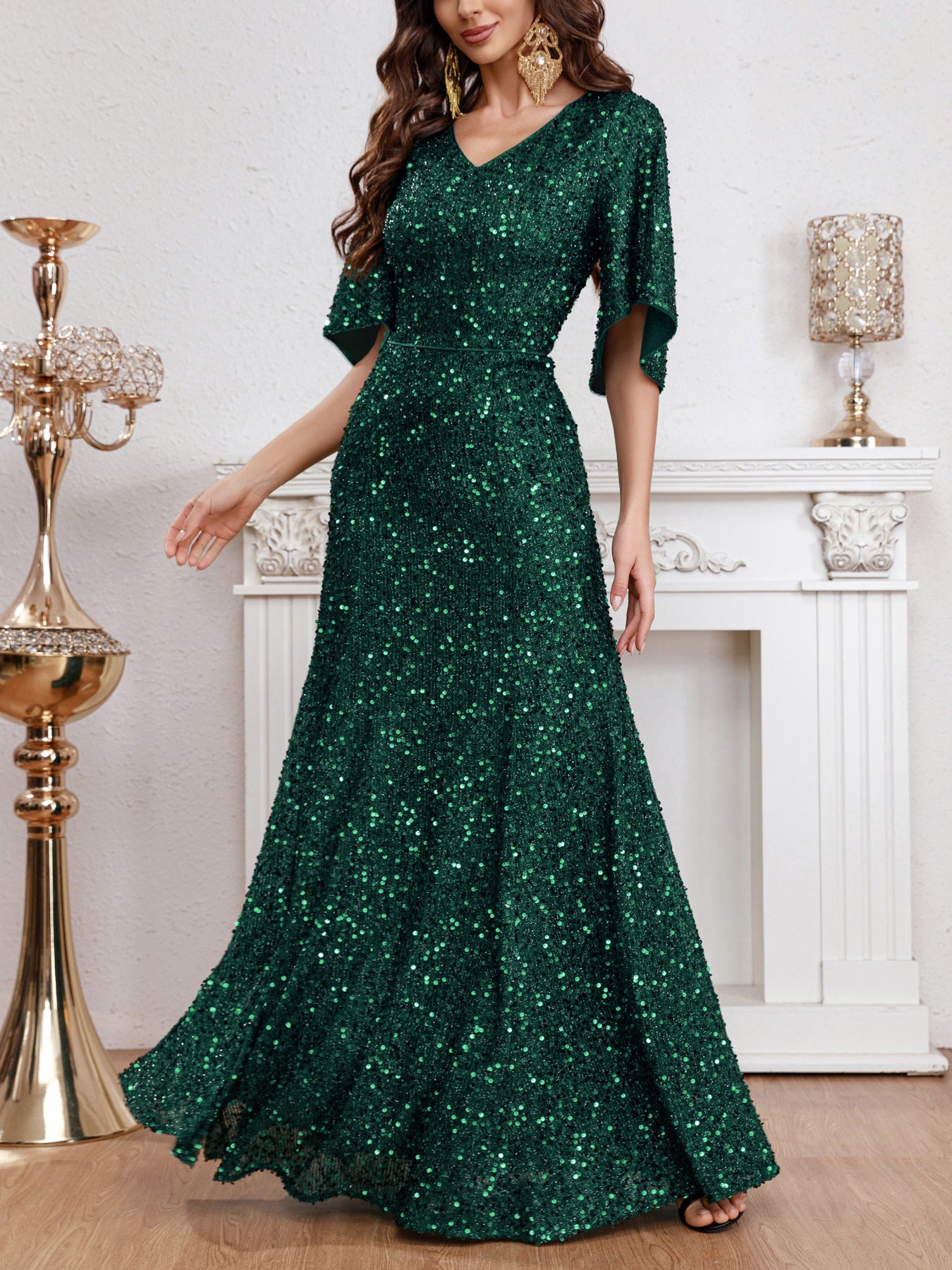 2024 Spring and Summer Cross-Border Independent Station New Fashion V-neck Sequins European and American Style Dress Mid-Waist Short-Sleeved Evening Dress