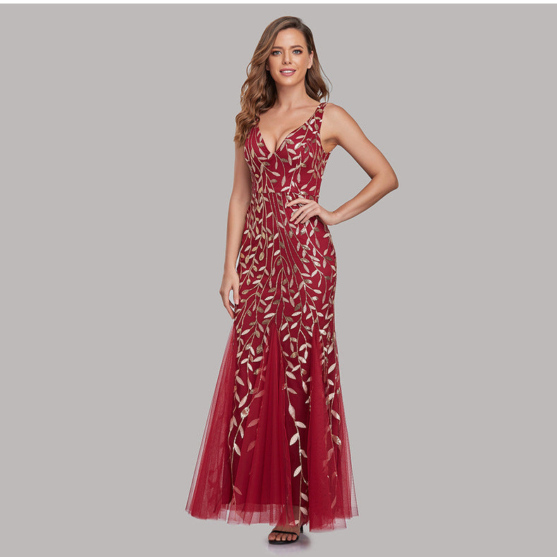 New 2023 Dress Sexy Dress Sleeveless V-neck Embroidery Sequin Slim Fishtail Bridesmaid Evening Dress for Women