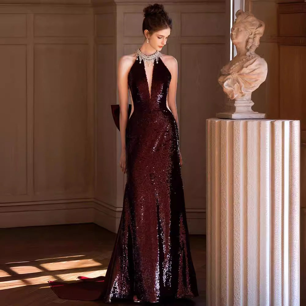 Sequined Toast Dress for Bride Wine Red Engagement Banquet Temperament Long Halter-Style Heavy Work Fishtail Evening Dress for Women