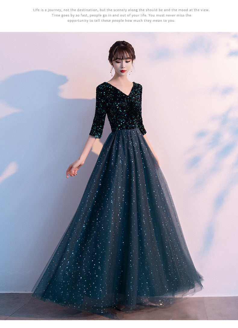 Dark Green Annual Party Evening Dress 2024 Autumn New Fashion Sexy V-neck Banquet Host Long Dress