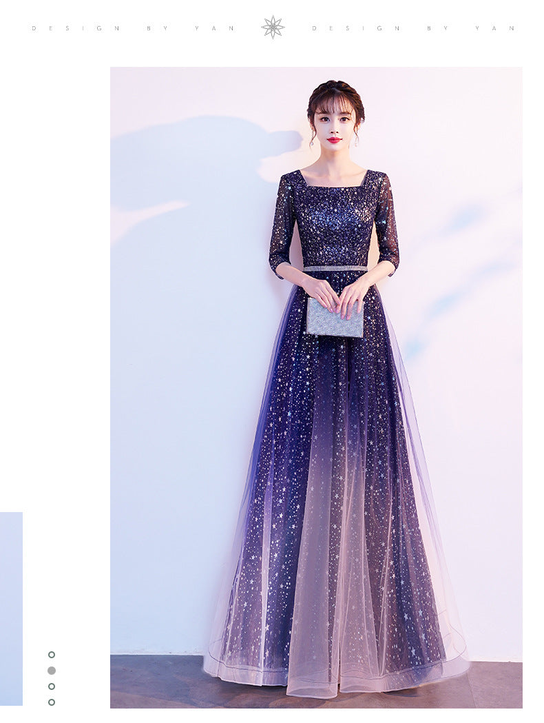 Starry Evening Dress Female Banquet Temperament Daily Style Square Collar Host Chorus Costume Summer Student