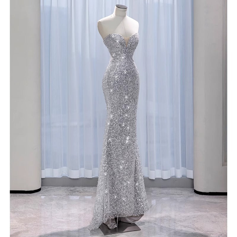 Engagement Tube Top Evening Dress for Women 2024 New Sexy Silver Paillette Fishtail Dress Feather Shawl Bridal Toast Dress
