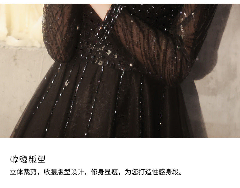 Black Evening Dress Female 2024 Autumn New Master Host Art Exam Dress Choral Performance Long Dress