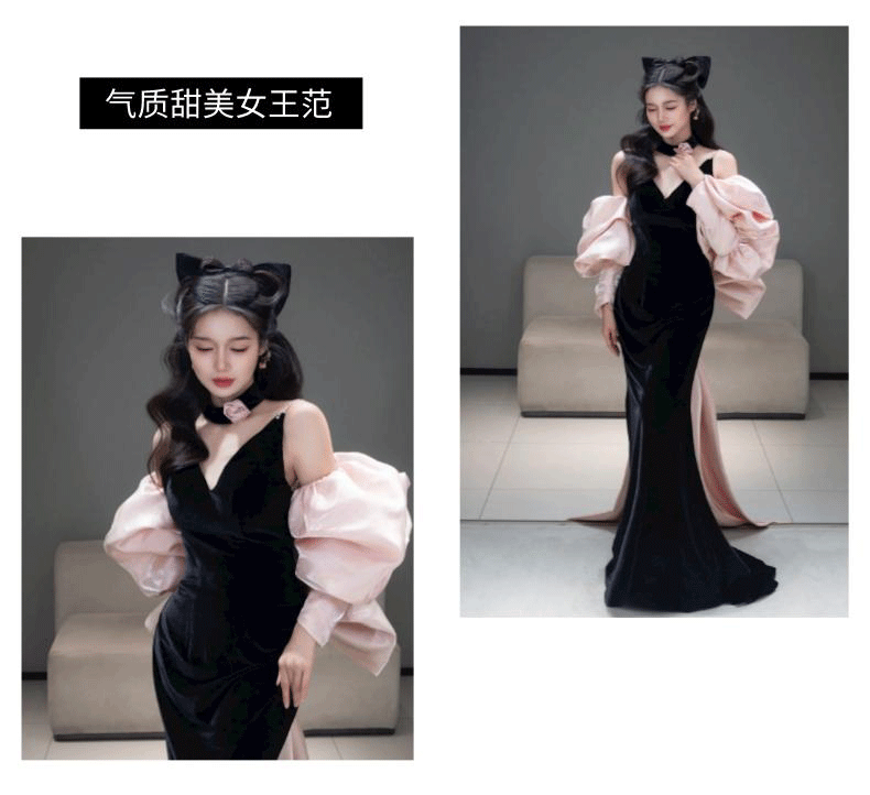 Black Evening Dress Women's High-Grade Bride Toasting Party Dress 2024 New Light Luxury Velvet Host Fishtail Dress