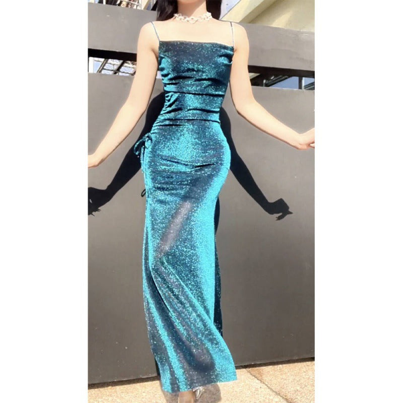 [Rona River Starry Night] Light Luxury Bright Silk Sling Dress Elegant Slimming High-End Evening Dress High-End Dress