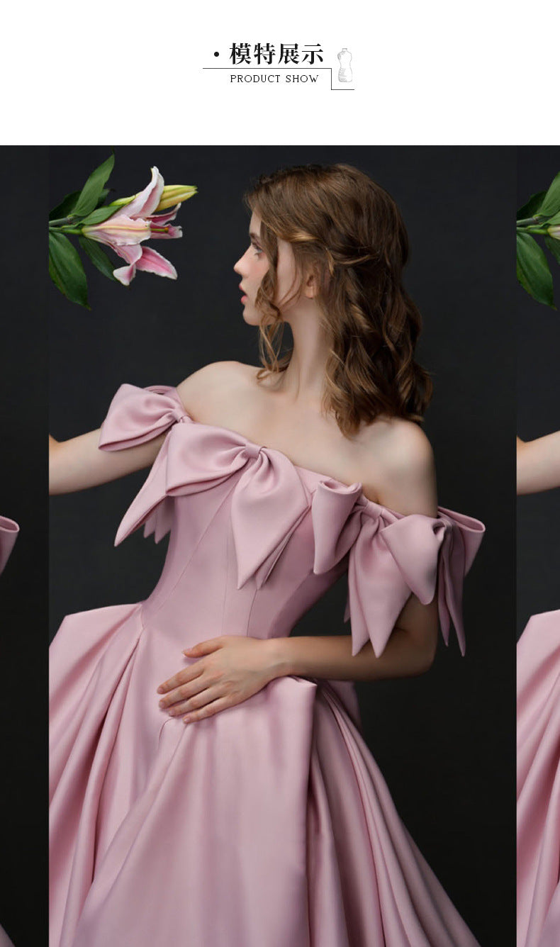 Pink Satin Annual Party Dress Women's 2024 New Banquet Host High-End Engagement Dress Toast Dress Bride