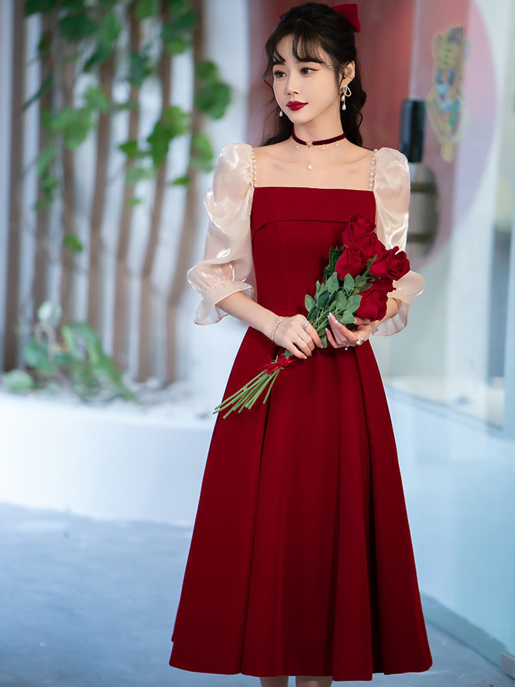 2024 Wine Red High Sense Dinner Suit Summer Dress Toast Dress Bride Daily Style Engagement Dress