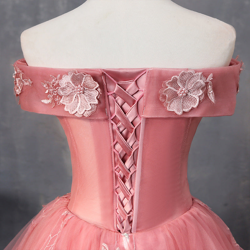Evening Dress Short Pettiskirt Spring Pink Wedding Bridesmaid Dress off-Shoulder Short Sleeve Slimming Host Dress for Women