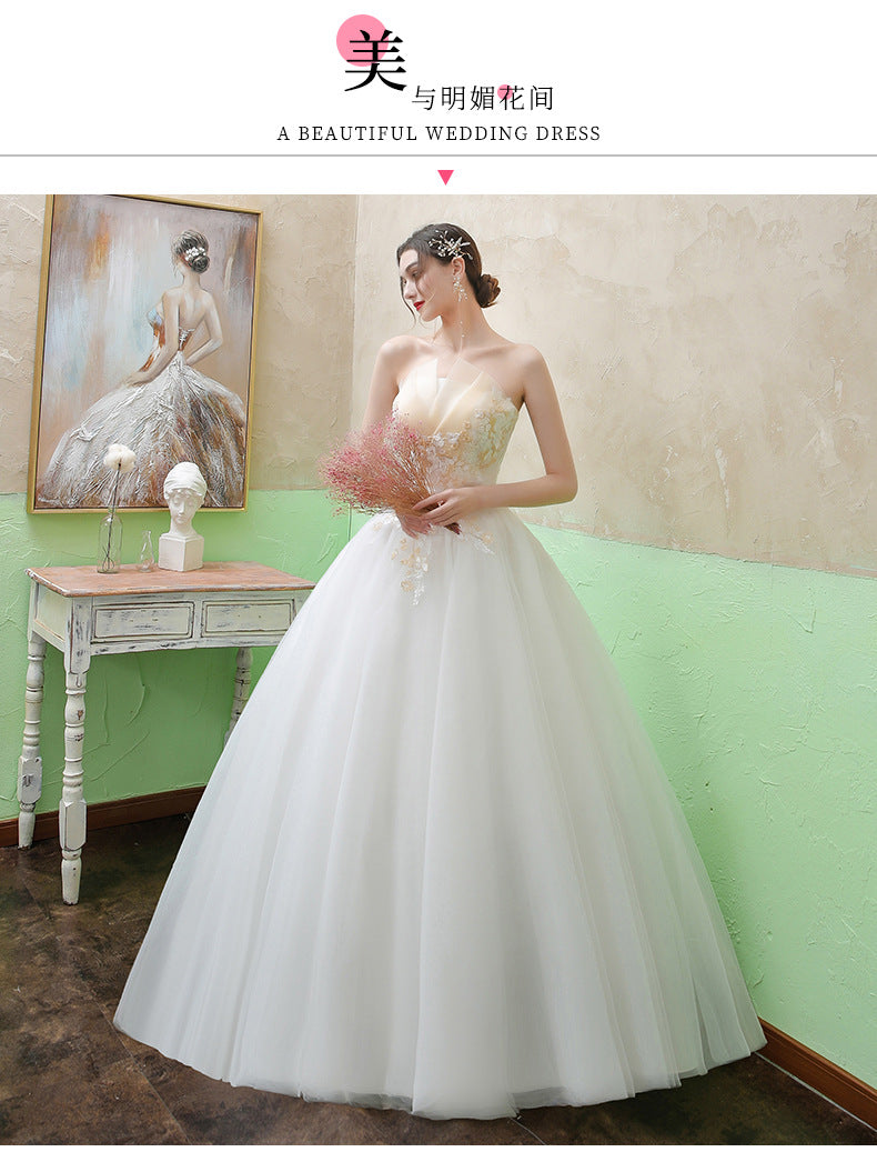 New Wedding Dress Forest Style French Strapless Bride Slimming Simple Wedding Gown Floor-Length Outdoor Veil Light