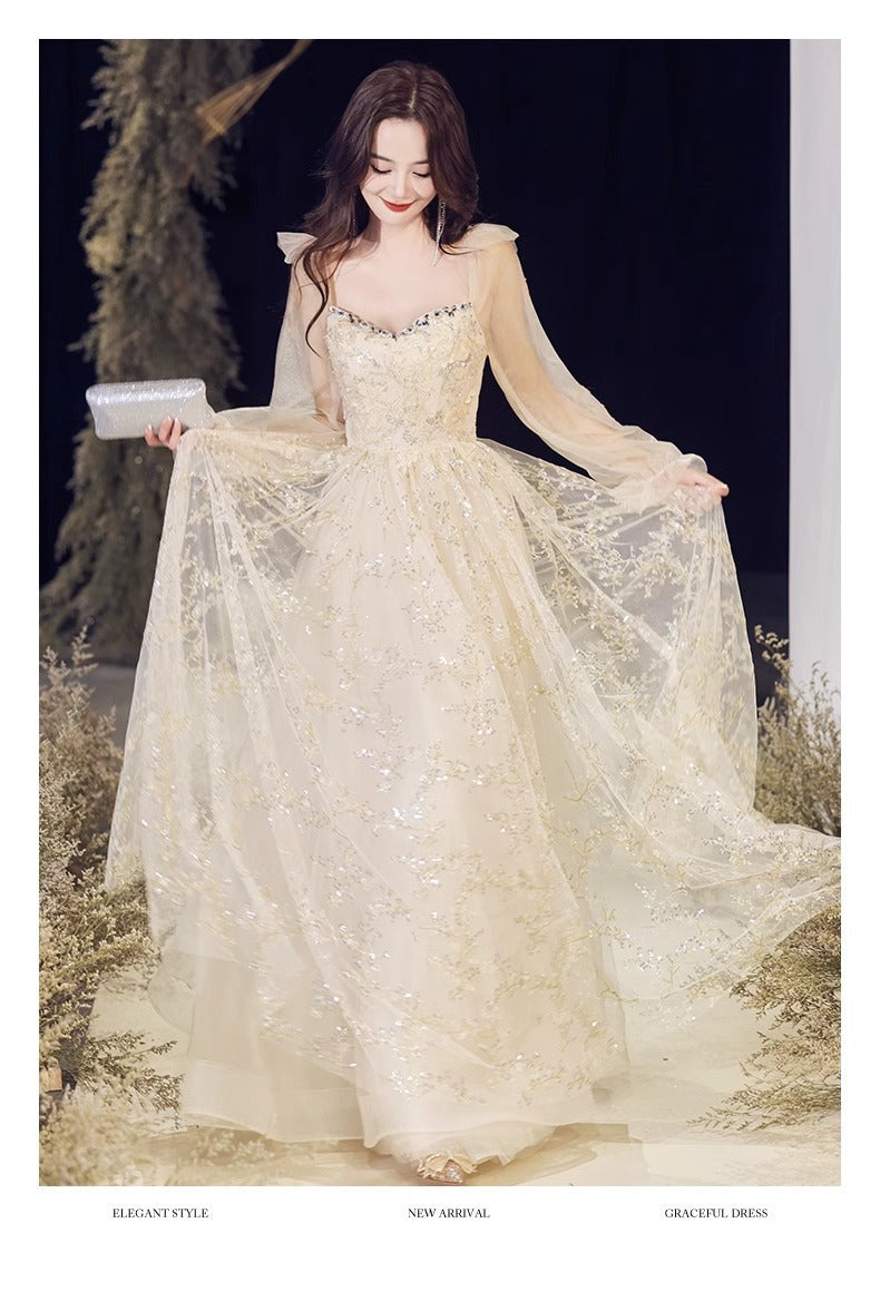 Banquet evening dress high-grade Champagne temperament host fairy dinner Annual Meeting dress long sleeve autumn women