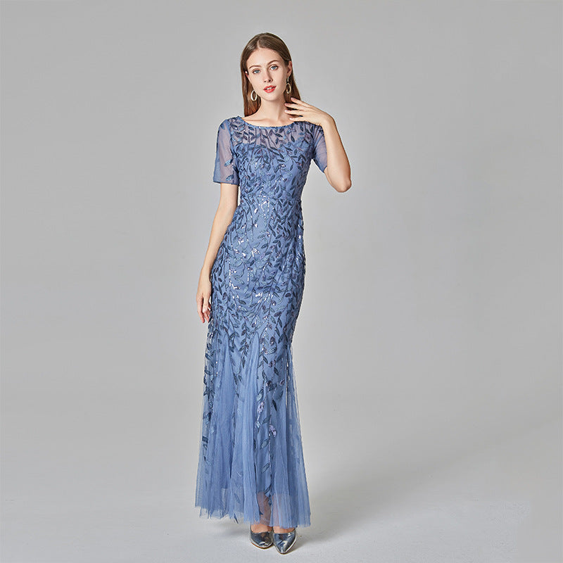 Spring and Summer Cross-Border 2024 Banquet Host European and American Slim Mesh Sequins Evening Dress Fishtail Dress Women