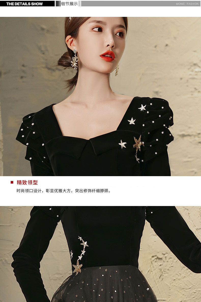 Banquet Evening Dress 2024 New Black Ladies Long Sleeves Graceful Formal Dress Host Performance Dinner Annual Meeting Gift