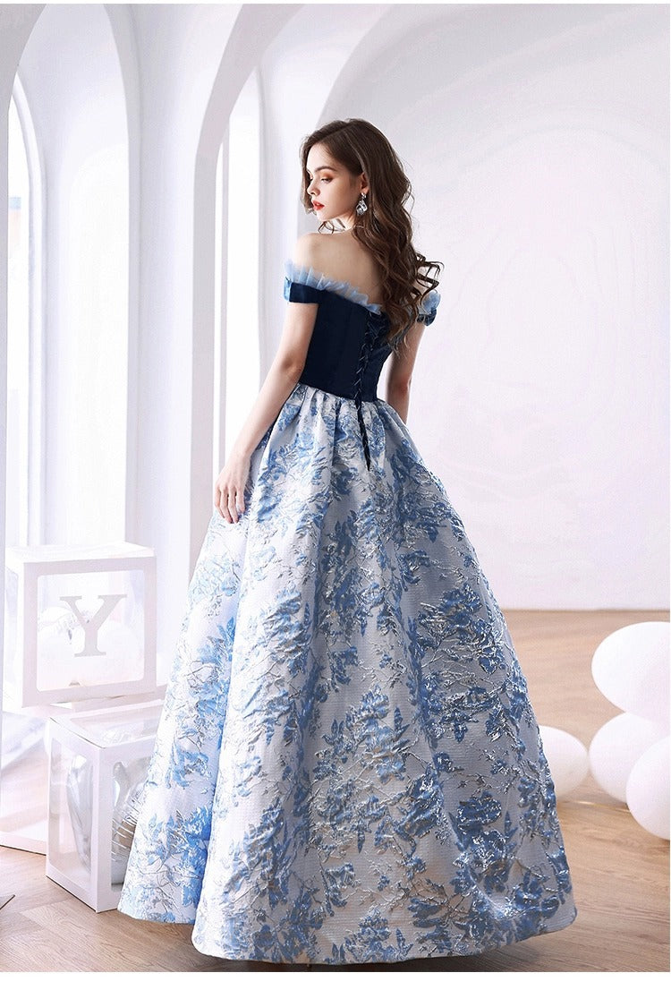 Evening Dress for Women 2024 Summer Blue off-Shoulder Banquet Performance Performance and Catwalk Host Wedding Dress