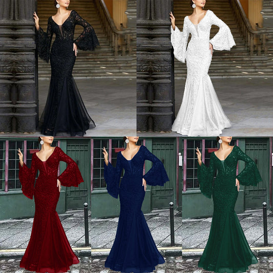 2024 Spring/Summer Cross-Border New Arrival European and American Evening Dress Noble Sexy Slim Fishtail Long Banquet Dress Dress