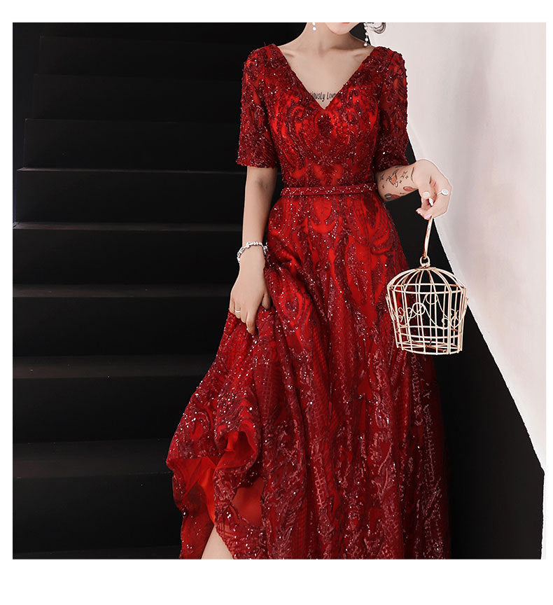 Toast Dress Bride Wedding Evening Dress Temperament Red Engagement Banquet Host Dress Women's Autumn Evening Dress